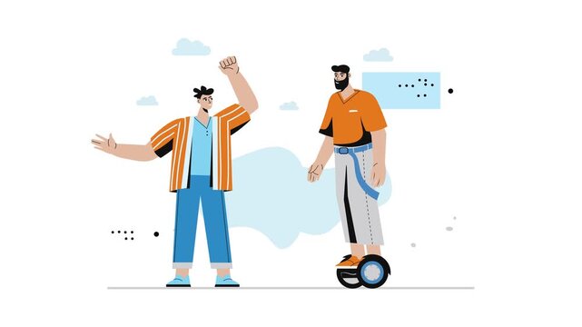 Animated young men in casual streetwear with hoverboard on white background