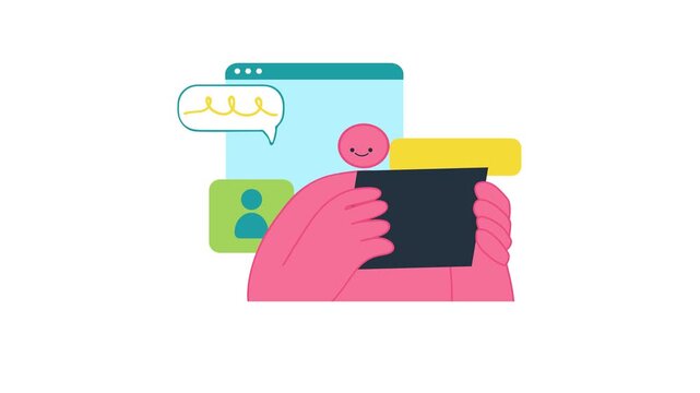 Cute flat animation of person using tablet with chat bubbles online