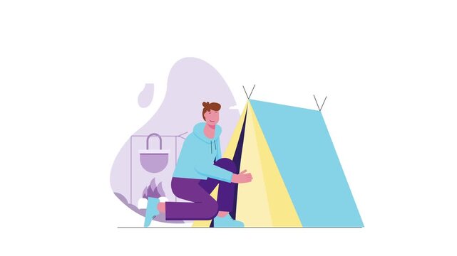 Flat animated illustration of camper pitching tent beside campfire