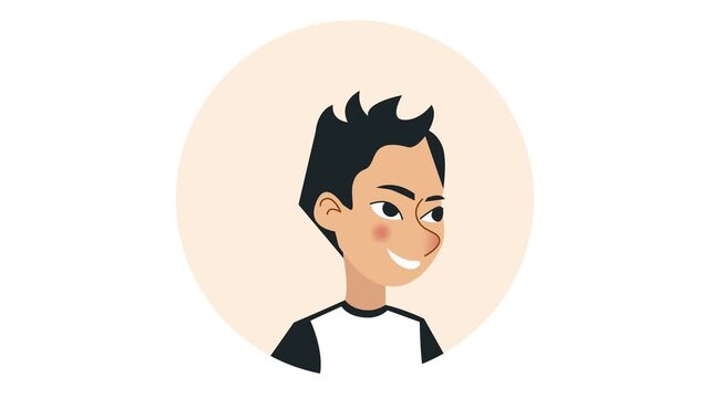 Animated smiling young boy avatar with cheek blemish on beige circle