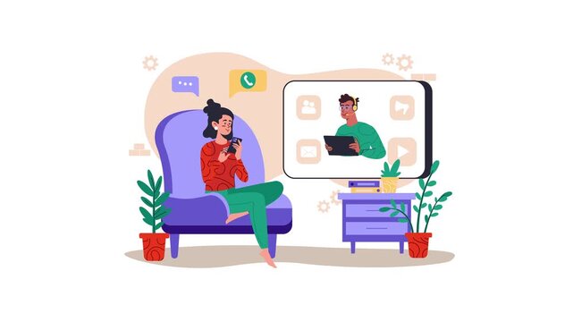 Flat vector animation of remote video call with woman on sofa and man on screen