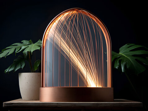 Birdcage made from copper and neon AI thread - traditional aviary tech