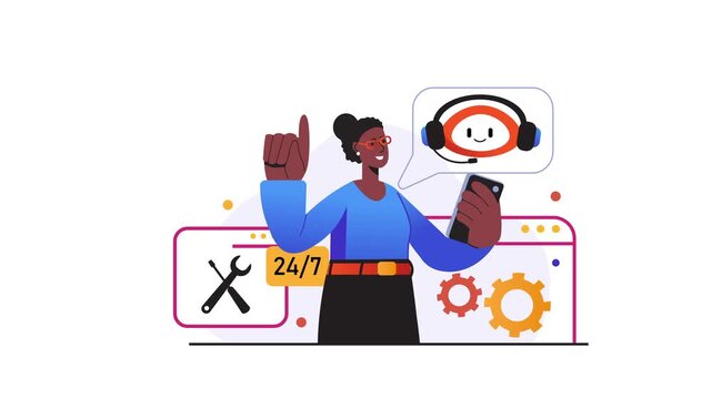 Animated customer support agent with smartphone and 24/7 service icons