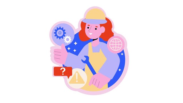 Animated female technician holding wrench with gears and support icons