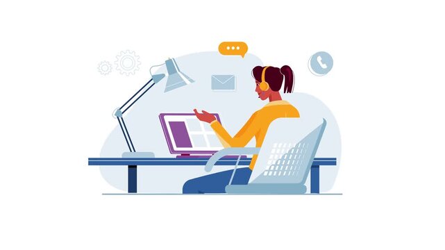 Animated customer support agent with headset using laptop at desk