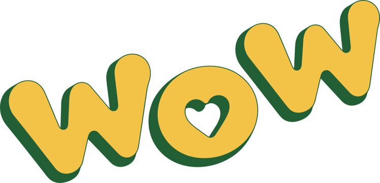 Playful wow lettering in bold yellow with green shadow featuring heart shaped center creative typography expression design modern graphic style