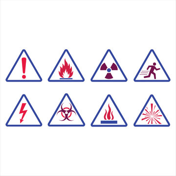 Eight triangular warning signs display various safety hazards including general alert, fire, radiation, running prohibition, electricity, biohazard, flammable material, and explosion risk.