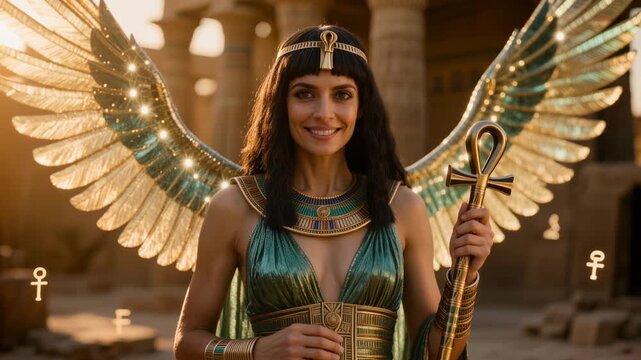 Beautiful Egyptian goddess Isis with golden glowing wings holding ankh scepter in ancient Egypt temple. Cinematic divine woman for mythology, fantasy and history projects.