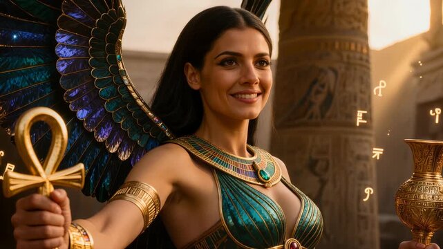 Beautiful Egyptian goddess Isis with golden glowing wings holding ankh scepter in ancient Egypt temple. Cinematic divine woman for mythology, fantasy and history projects.