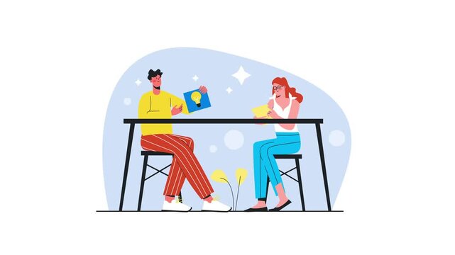 Flat vector animation of two coworkers brainstorming creative ideas at table