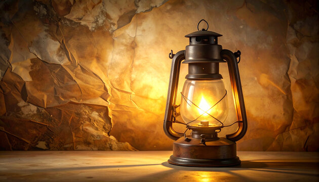 Vintage lantern illuminated against textured backdrop suggestive of warmth