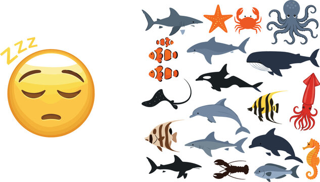 Marine life vector collection featuring sharks, dolphins, octopus, squid, fish and sleeping emoji face illustration in colorful ocean theme