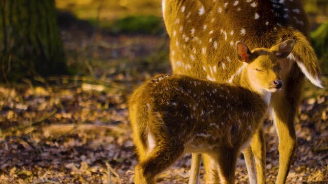 Close up of an axis deer fawn standing in the forest with his mother on a sunny autumn day and drinking from her udder