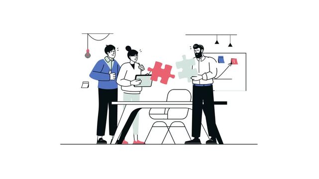 Teamwork animation with coworkers solving puzzle in modern office