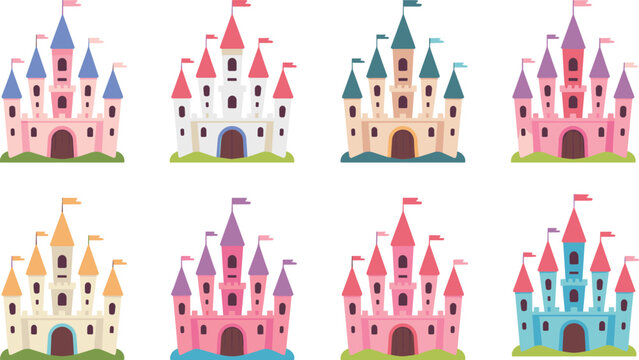 Cute fairytale castle vector set, colorful fantasy princess castles with towers, flags and doors, cartoon medieval palace collection for kids illustration design