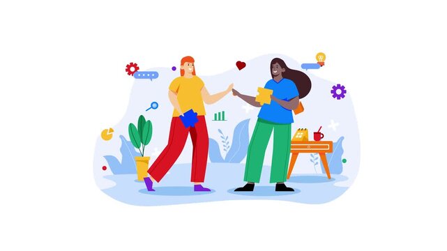 Animated diverse women high-five with puzzle pieces in teamwork scene