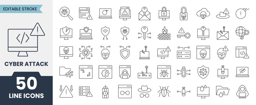 Cyber attack line icons set with editable stroke. Containing malware, hacking, virus, fraud, threat, theft, phishing and more. Vector illustration