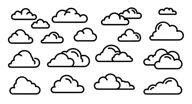 Clouds line drawn set with black outlines and various puffy white shapes featuring weather icons, cloud illustrations, cloud graphics with cloud