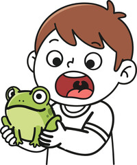 Obraz premium Surprised kid holding frog vector illustration isolated on white background children curiosity biology learning concept cartoon design.