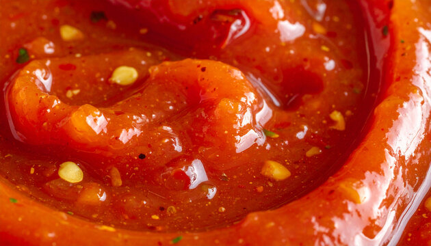 Close up of fresh tomato sauce with herbs and chili flakes texture