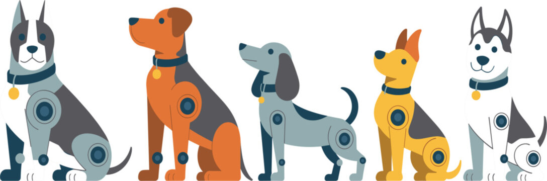 Robot dog set, futuristic mechanical pet animal vectors with cybernetic joints for artificial intelligence concept
