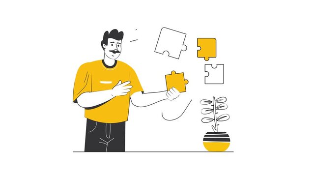 Man assembling puzzle pieces beside potted plant in flat animation