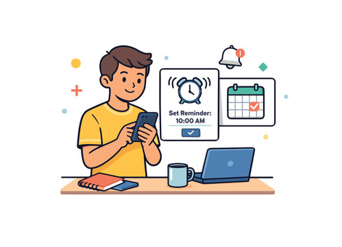 Young man using smartphone to set a reminder on his digital calendar for 10 AM