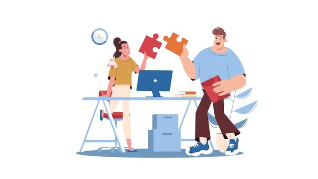 Animated teamwork puzzle pieces with coworkers in modern office