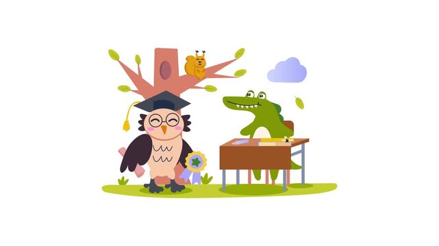Cute animated woodland classroom with owl teacher and crocodile student