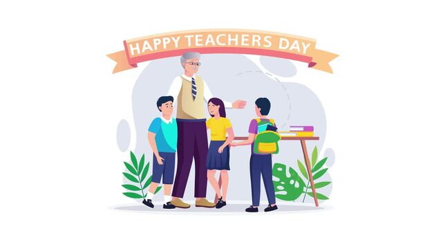 Happy Teachers Day animated vector illustration with teacher and students