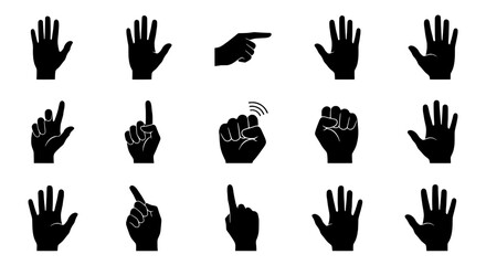 Fototapeta premium Hands black silhouette set with various gestures and signs, including pointing, waving, and finger positions.