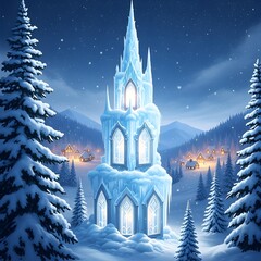 Fototapeta premium Enchanting winter fairytale scene featuring a majestic glowing ice tower fortress adorned with icicles surrounded by snow covered pine trees and distant village lights