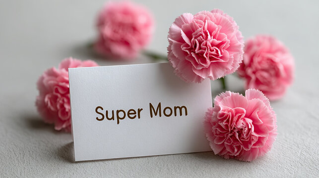 Floral arrangement with card saying "Super Mom" and pink carnations  