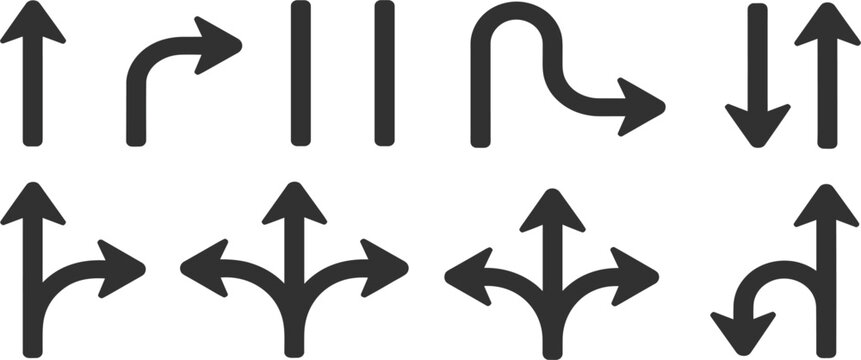 Directional arrow icon set for road navigation, traffic sign vector elements for maps and wayfinding concept