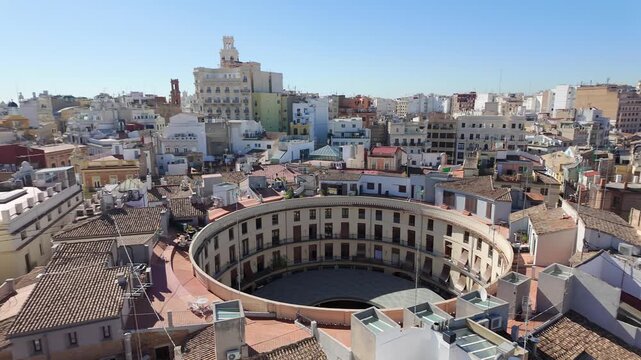 Aerial view of the round square of the city of Valencia, center of commerce and tourist visit, Spain.