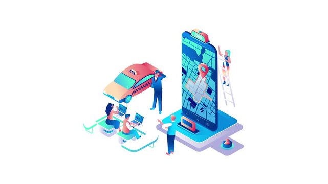 Isometric taxi app animation with smartphone map and ride hailing service