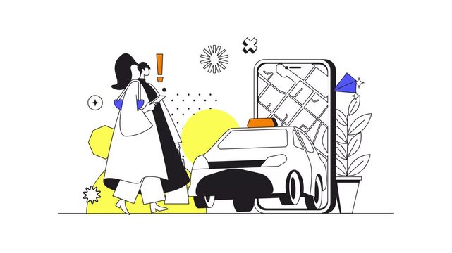Animated woman using smartphone with taxi app map and car illustration