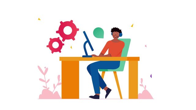 Animated customer support agent at desk with computer and chat icons