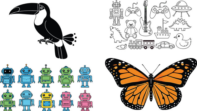 Vector illustration set featuring toucan bird silhouette, colorful robots, butterfly and toy doodles including guitar, train and teddy bear