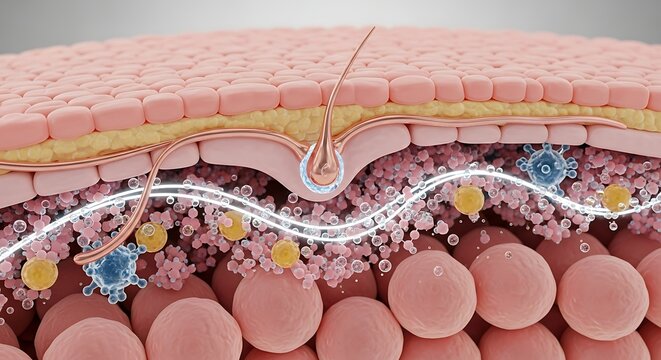 Skin layers illustration showing epidermis, dermis, and subcutaneous tissue.