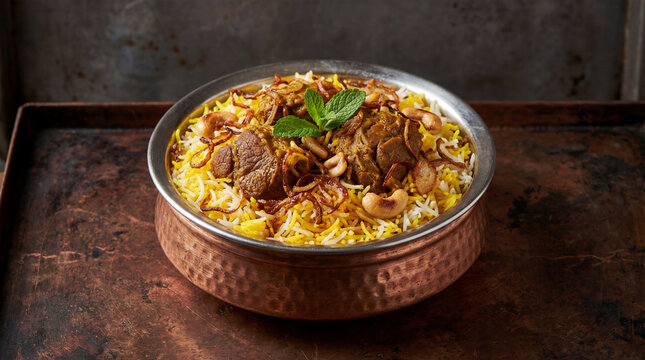 A bowl of flavorful lamb biryani with rice and herbs on a rustic tray