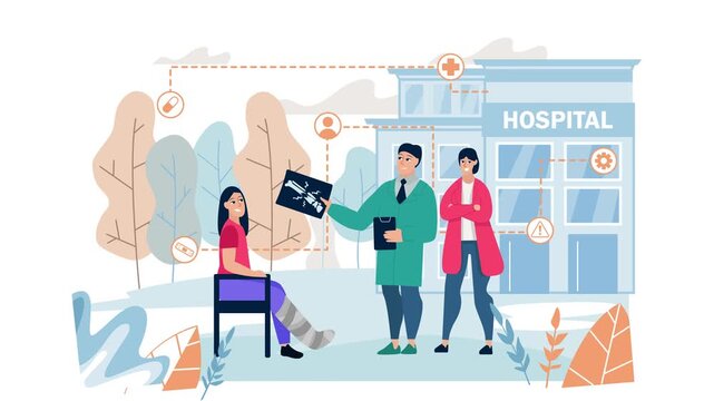 Animated hospital consultation with doctor showing x-ray to patient outdoors