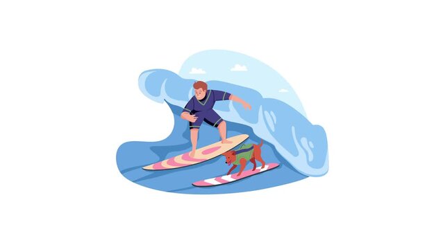 Surfer and dog riding surfboards inside a curling wave animation