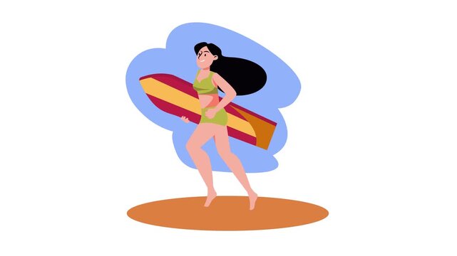 Animated surfer woman carrying surfboard on beach with blue sky