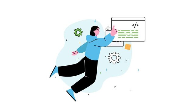 Animated developer pointing at code window with gears and interface