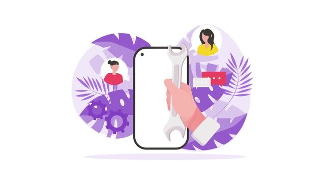 Mobile app maintenance animation with hand wrench and user support
