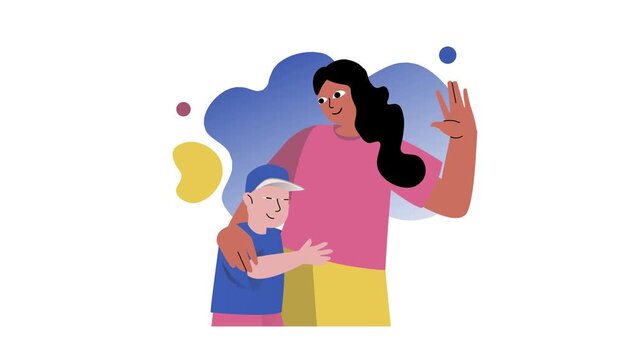 Animated mother and child hugging and waving in colorful flat style