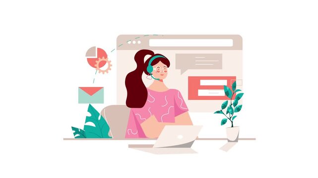 Animated woman with headset using laptop in browser for online support