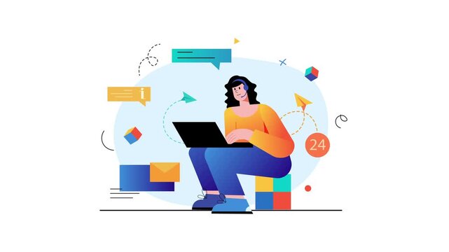 Animated woman with laptop and headset for online customer support