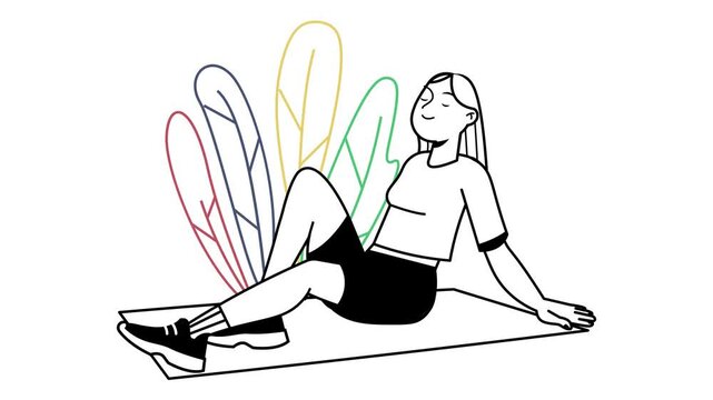 Animated young woman relaxing on yoga mat with colorful leaf wings
